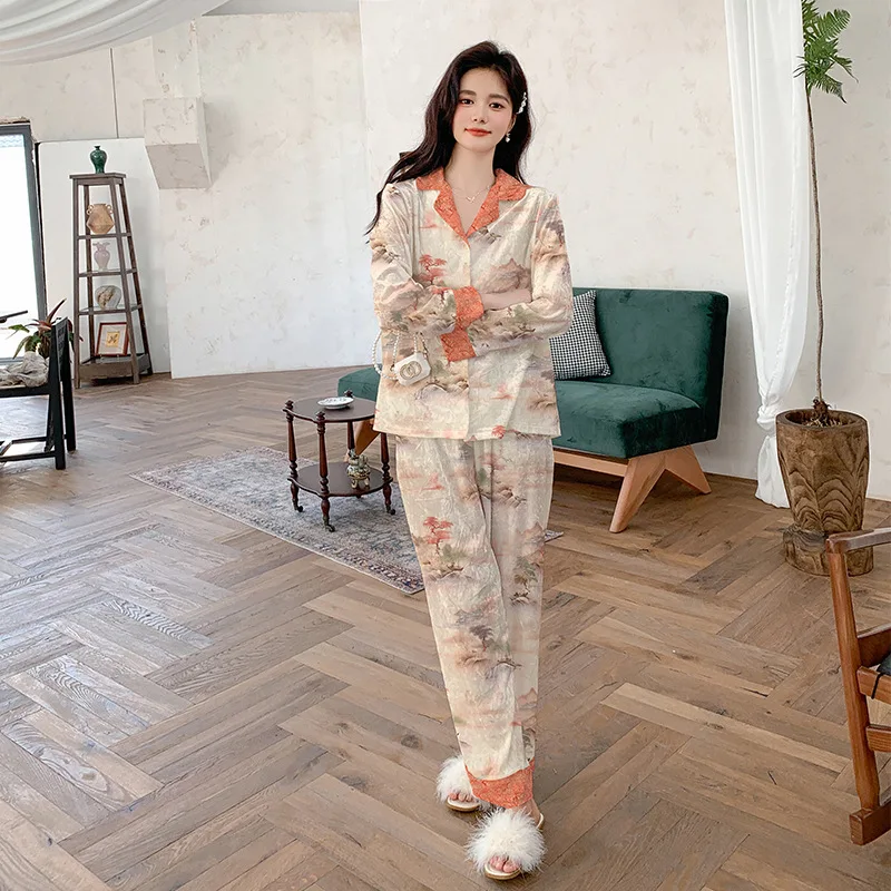 Printing Pajamas Luxury Velour Loungewear Long Sleeve Sleepwear Women's Homewear Winter New Pyjamas Suit Casual Nightwear