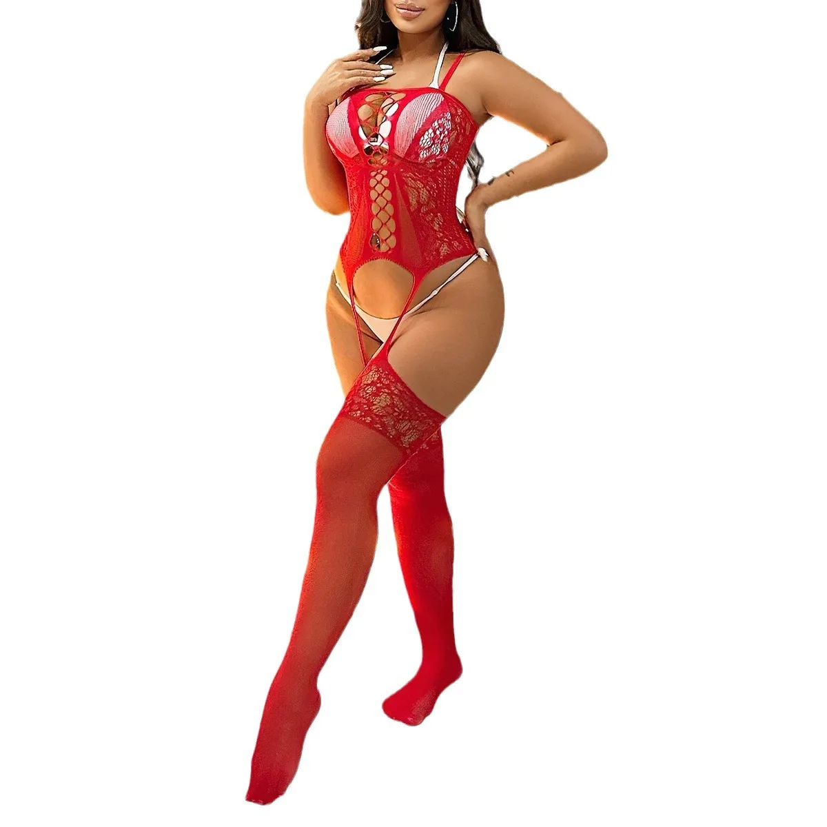 Plus Size Babydoll Lingerie Open Crotch Fishnet See Through Lace Teddy Mesh Push Up Chemise Hollow Out Jumpsuit Sleepwear