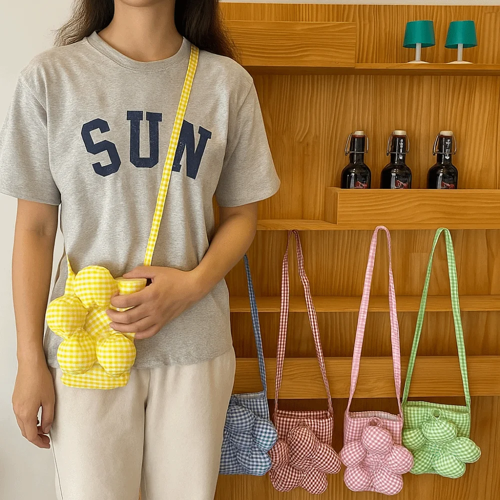 

Sweet Plaid Flower Crossbody Bag Cute Portable Large Capacity Shoulder Bag Storage Bag Cloth Ins Messenger Bag Outdoor