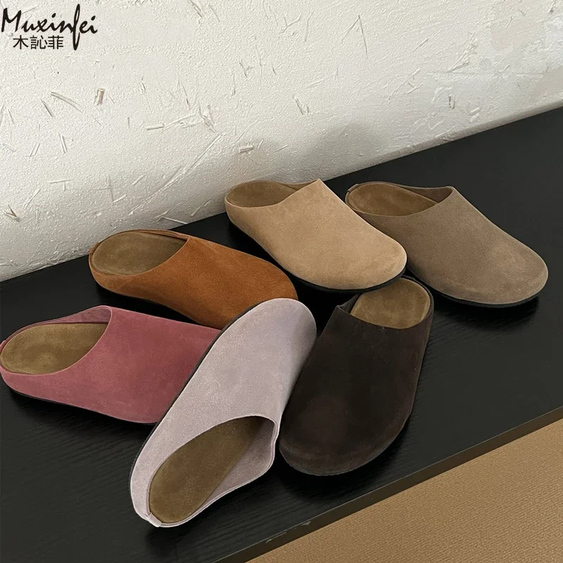 

Ladies' cowhide slippers, fashionable new style, flat slippers, comfortable and lazy, Baotou slippers, beach shoes, casual shoes