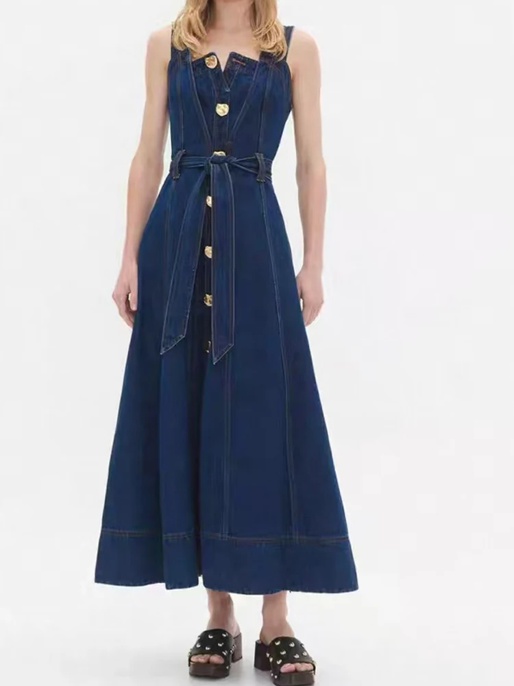 

Длинное джинсовое платье-топ в стиле ретро с подтяжками, новое украшение на пуговицах, тонкое и тонкое платье А-силуэта со шнуровкой на талии для женщин.