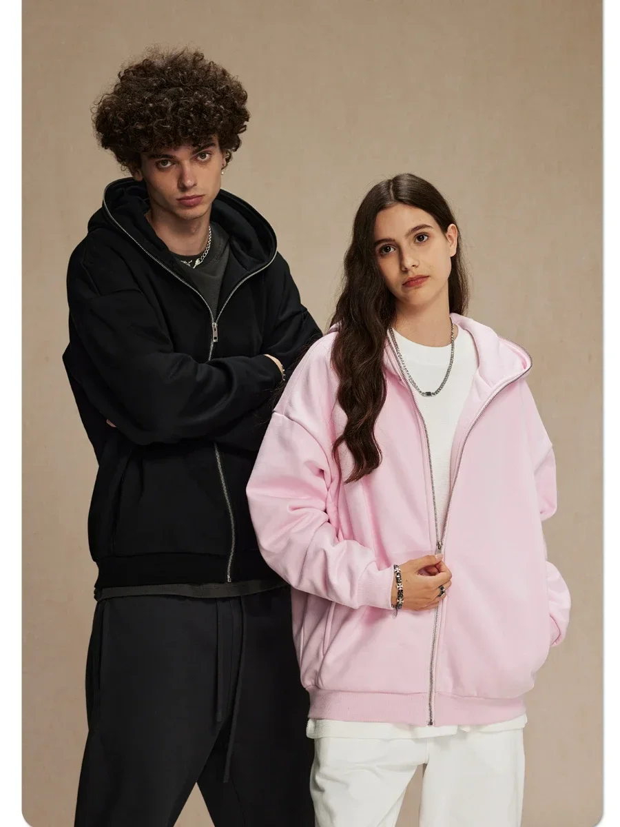 Sumuyoo Retro Fashion Couple Hoodies Retro Oversized Sweatshirt Women 430g/㎡ Winter Thicken Fleece  Warm Hooded Cardigan jacket