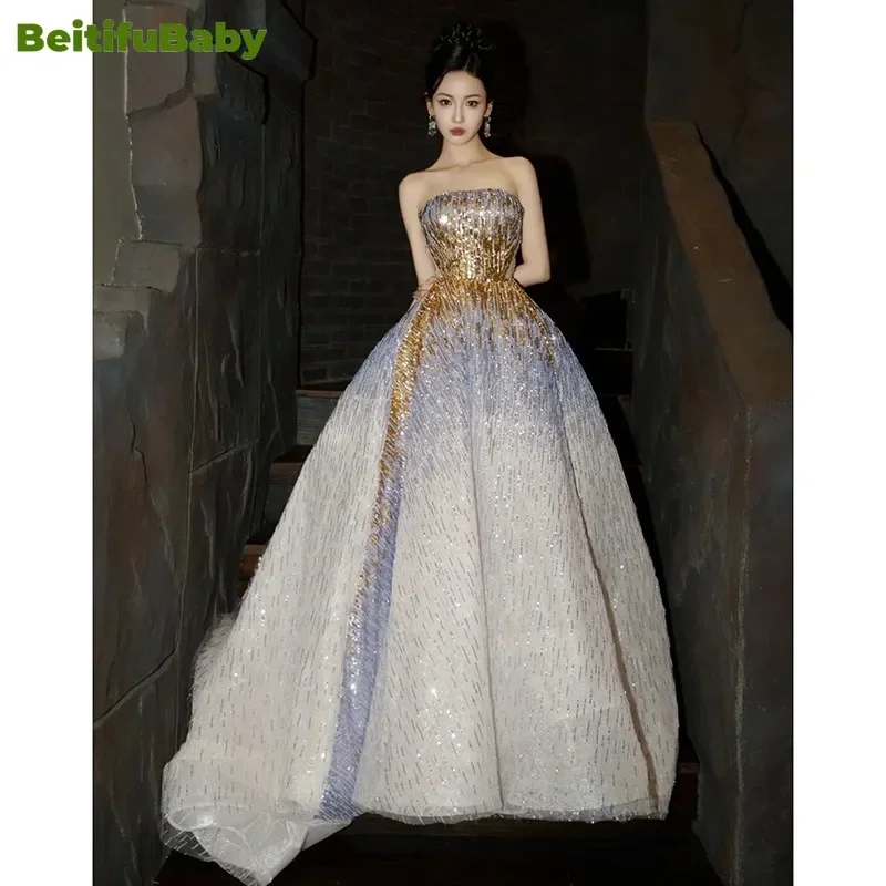 BeitifuBaby Women\'s Evening Party Dresses Gown Purple Strapless Light Luxury Banquet Sequins Adult Ceremony Heavy Industry Dress