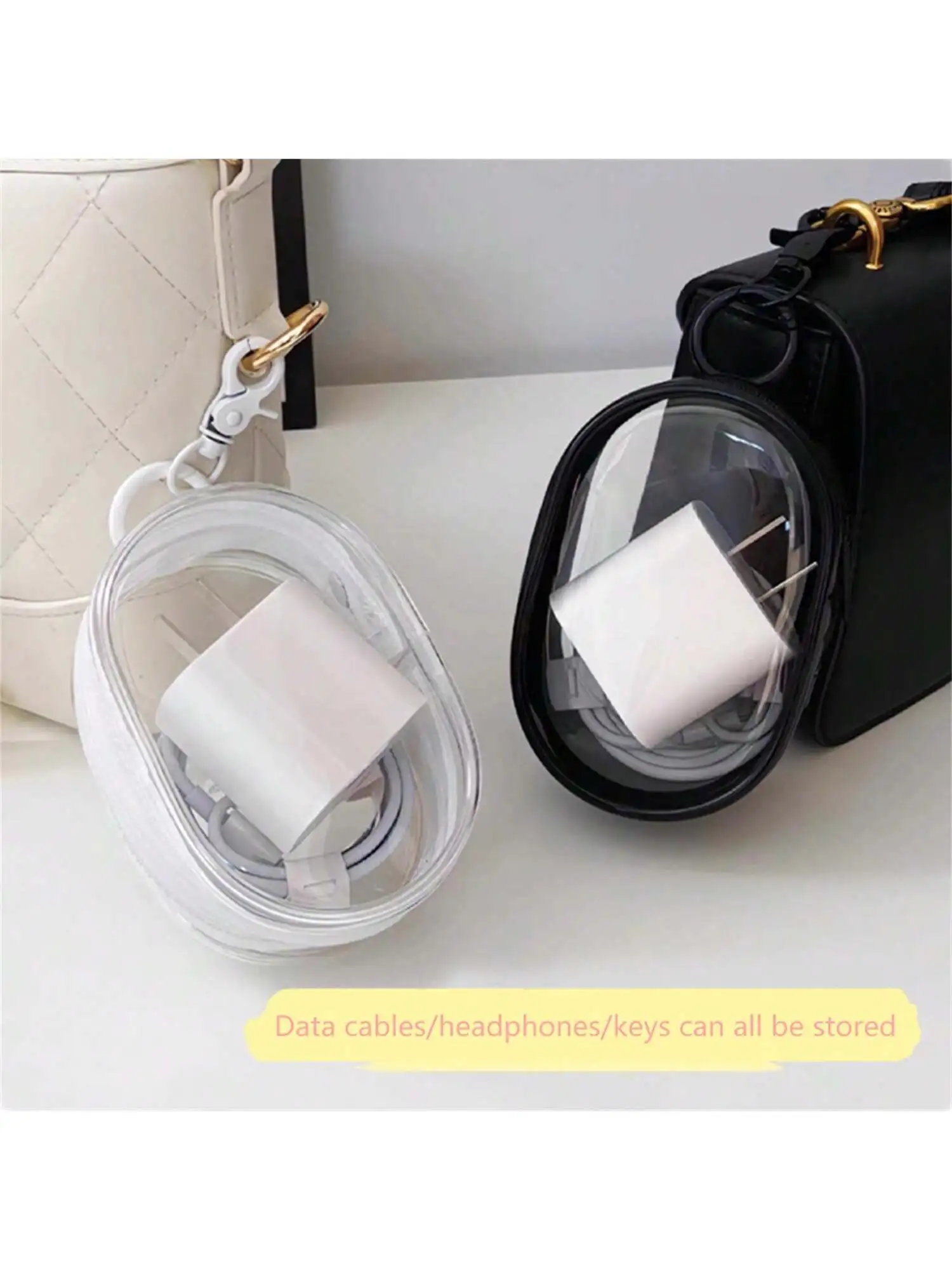 Transparent data cable storage bag for travel, outdoor use, digital chargers, cable management, protection, visibility
