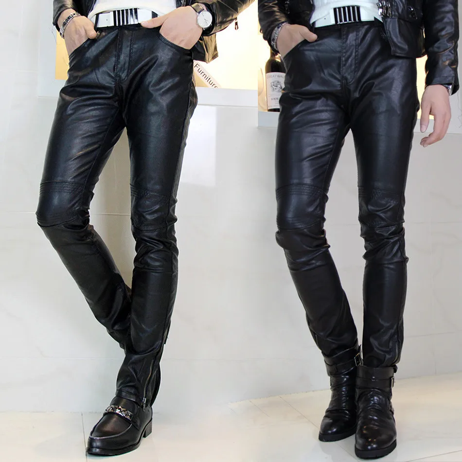 

NEW 2021 Fashion Mens Slim Fit Black Leather Pants Men Skinny Dance PU Leather Motorcycle Driving Trousers Plus Size 28-37