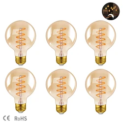 6PCS Retro Edison Spiral E27 LED Light Bulb 4W Deep Dimmable 220V G95 Vintage Glass Bulb Lamp For Home Decor Lighting