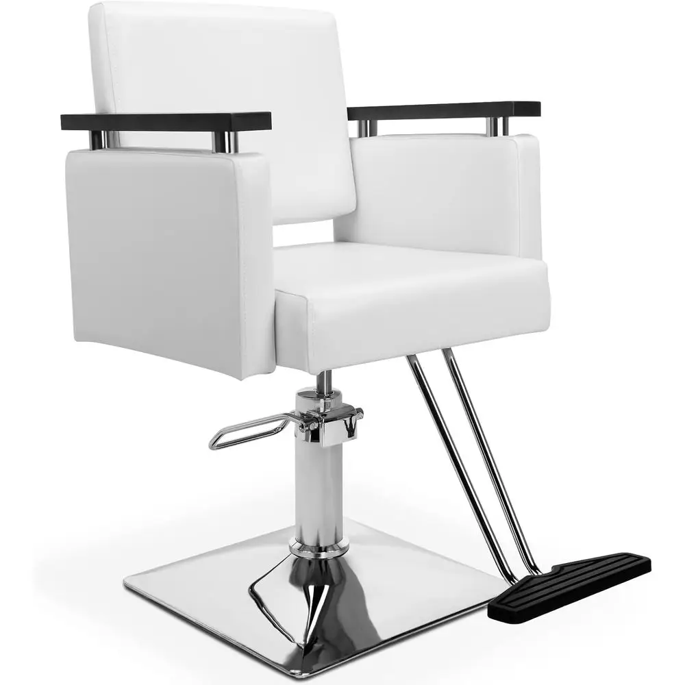 

Stylish White Heavy-Duty Barber Chair for Salon Professionals, Ideal for Hair Styling, Barbershops, and Spas