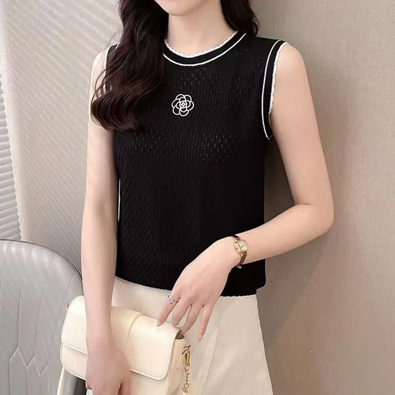 Été nouveau camélia col rond glace soie à manches courtes femmes ample demi-manches gilet T-Shirt pull haut