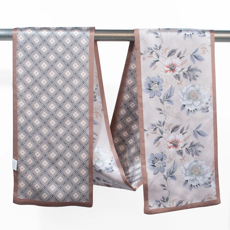 100% Mulberry Silk Peony Printed Narrow Long Scarf,Double-sided Printing, Luxurious Women's Scarf, Headband, Bag Tie, Waist Belt