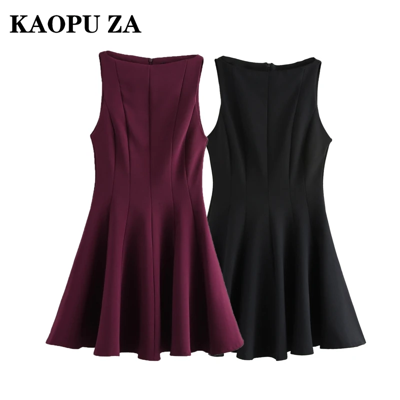 KAOPU ZA 2024 Dame Casual Mid-länge Kleid Mini Rock Streetwear Weibliche Ärmellose O-Kragen Kleider Rüschen Regular fit reißverschluss