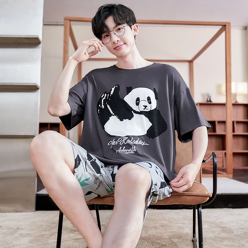 Summer Men Pajama Sets Short-Sleeve Cartoon Panda Cotton Sleepwear Women Pijamas Suit Casual Pijamas Couples Pajamas