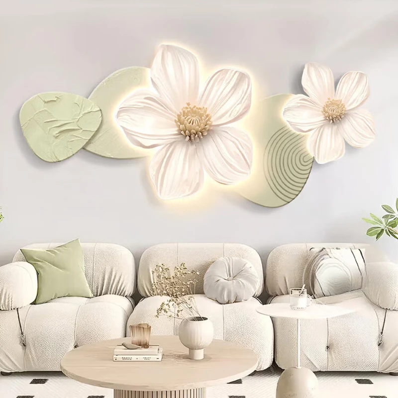 Cream wind living room decorative painting pink flower high-end wall lamp with led three-dimensional sofa background painting