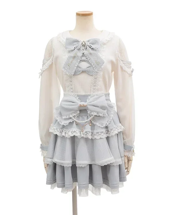 T-shirt giapponese con giunture in pizzo prodotto in serie con fiocco in pizzo ricamato camicetta a maniche lunghe con nastro Color fiocco Top camicie Lolita