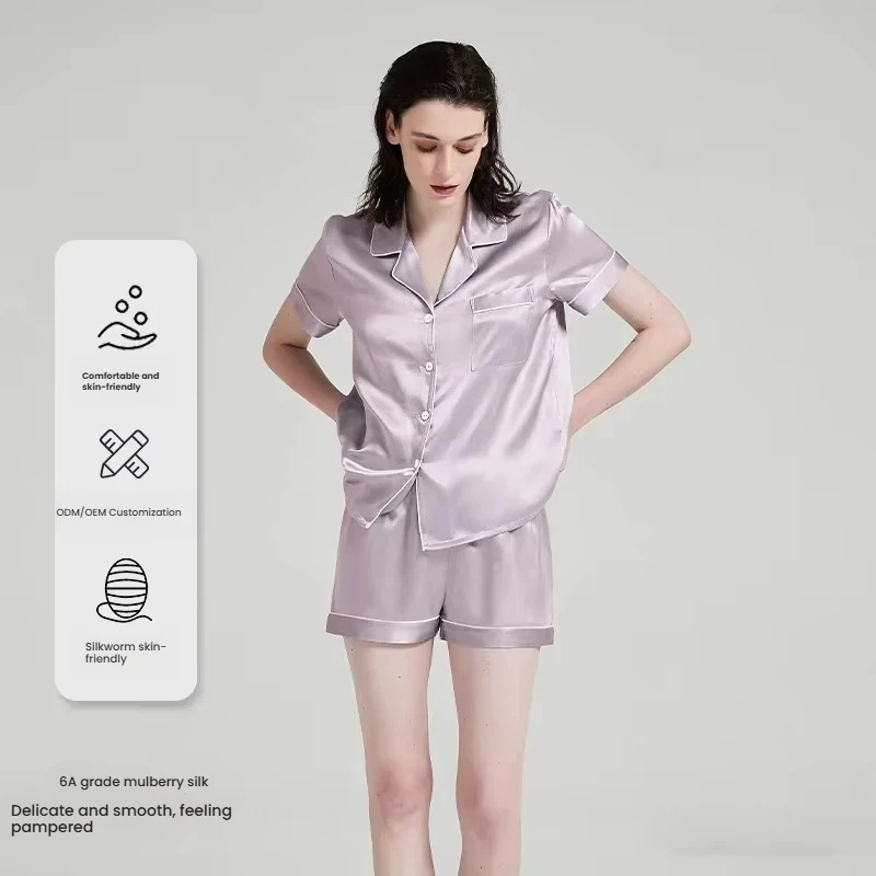 19 Momme 100% Mulberry Silk Pajama Set Women Loose Short Sleeve Sleepwear Two Piece Satin Loungewear Suit Casual Homewear