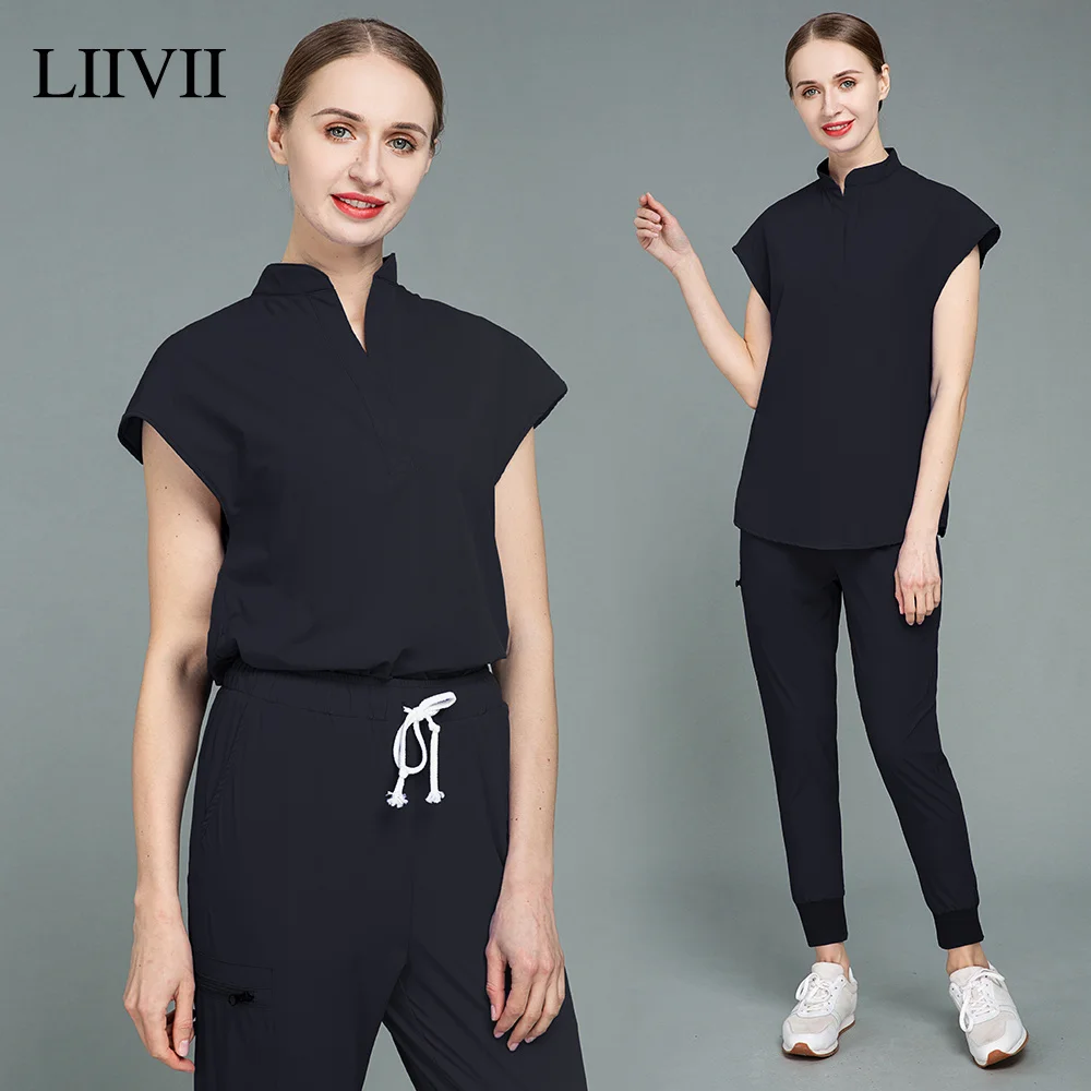 

Short Sleeved V-neck Scrubs Tops Jogging Pants Dentist Pet Grooming Working Scrub Uniform Clothes Women Workwear