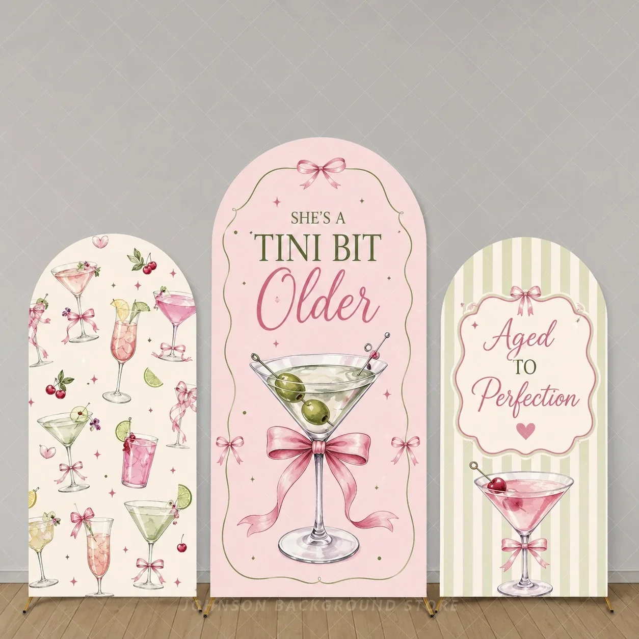 Tini Bit Older Birthday Party Arch Cover Backdrop Martini Cocktail Pink Coquette Champagne 3 Panel background