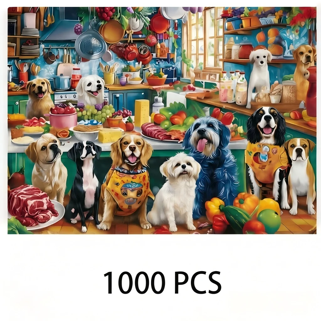 500/1000/1200/2000Pcs Dog Jigsaw Puzzle for Adults &Kids,Cute Puppy Kitchen Winter Scene,Challenging Family Game,Home Decor Gift