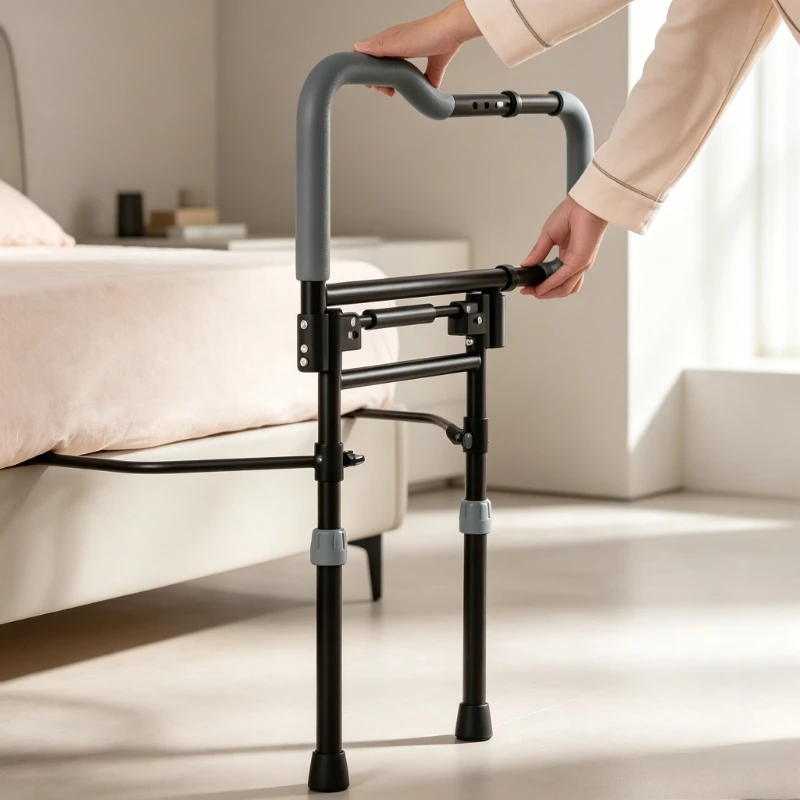 Bedside Assist Handle, Elderly Safety Rail, Foldable Anti-Fall Support, Adjustable 8-Level Height, Non-Slip Feet, One-Touch