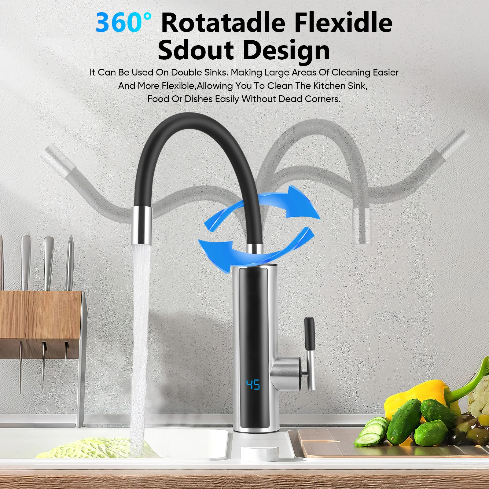 

Электрический мгновенный кран для горячей воды 220 В 3000 Вт 360 ° Вращающийся безрезервуарный смеситель из нержавеющей стали для кухни, ванной комнаты, туалета