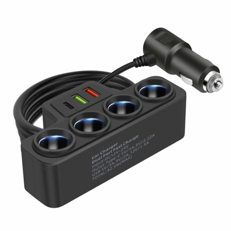 

12V/24V Car Adapter Car Power Socket Splitter 120W with USB C Port & 75cm Long Cable for Vehicles