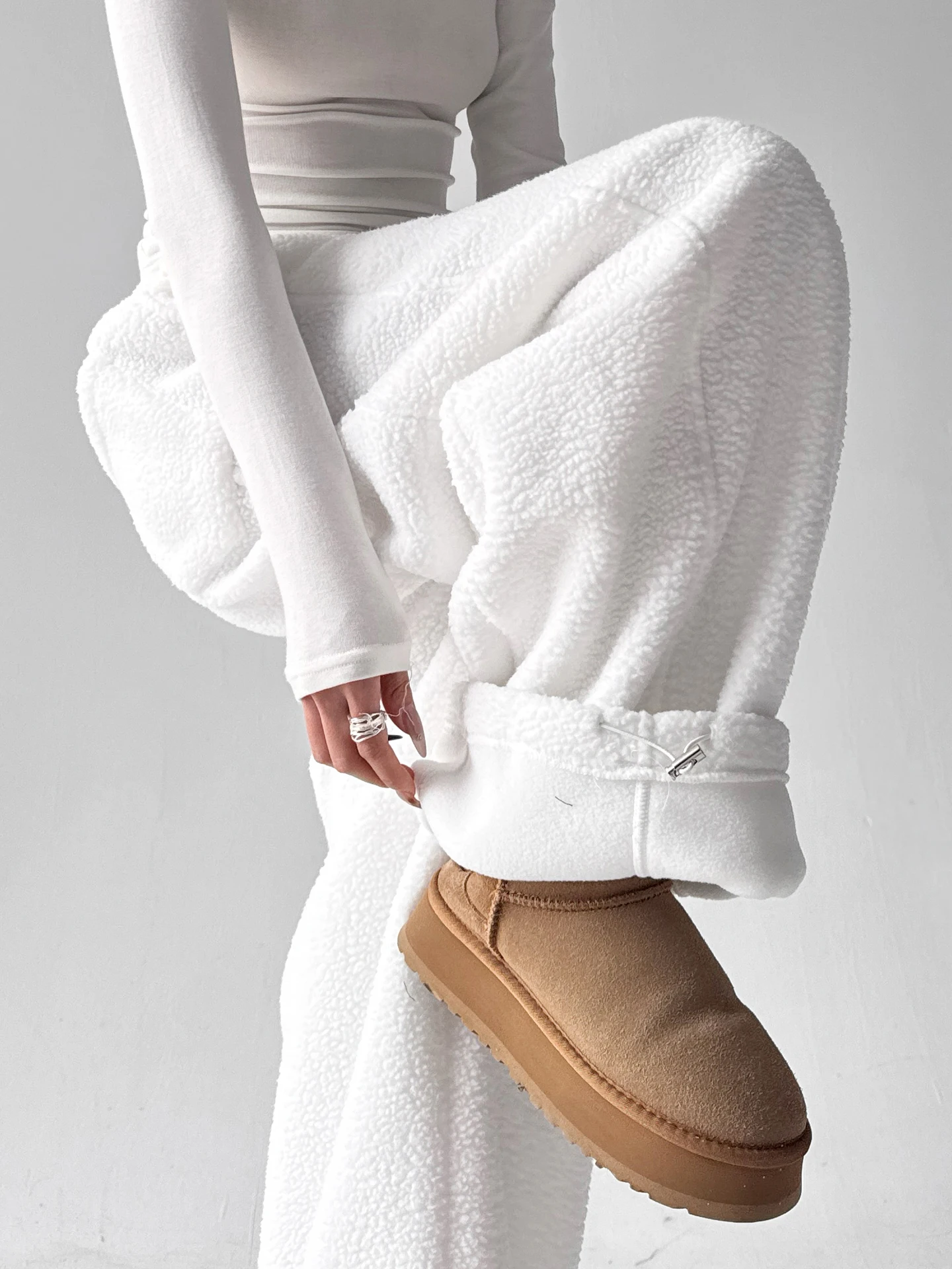 White Double-Sided Lamb Velvet High Waist Thickened Fleece Lined Loose Warm Wide Leg Pants for Women Winter Casual Trousers