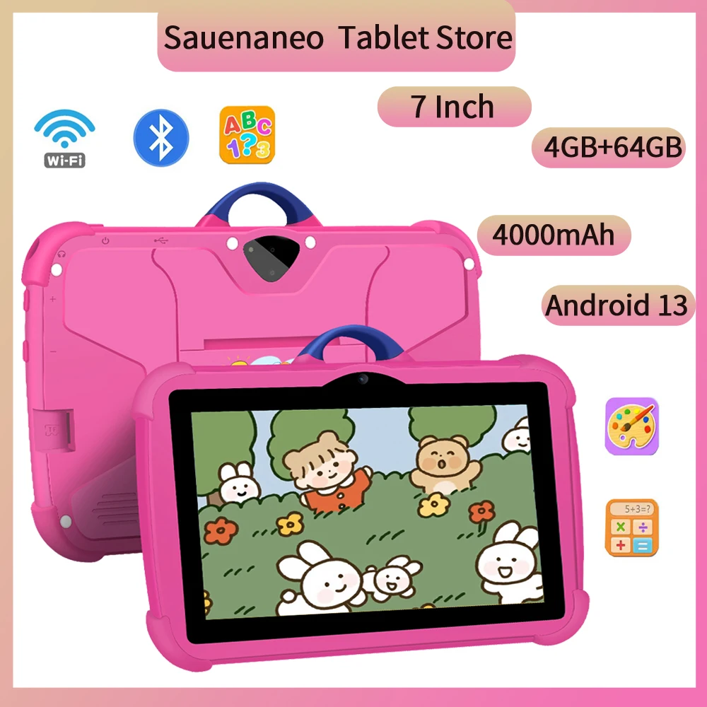 Tablet anak-anak 7 inci baru 2024 Tablet 4GB RAM 64GB ROM pembelajaran pendidikan Game Quad Core Tablet anak-anak 4000 Droid 13