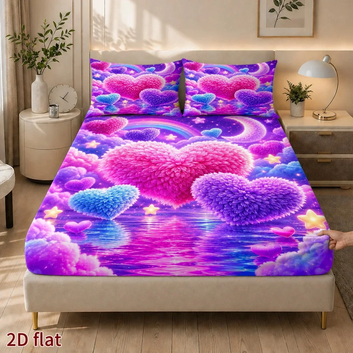 2D Cute Love Series Bed Sheets Set Flower Printed Fitted Sheets with Pillowcase for Bed