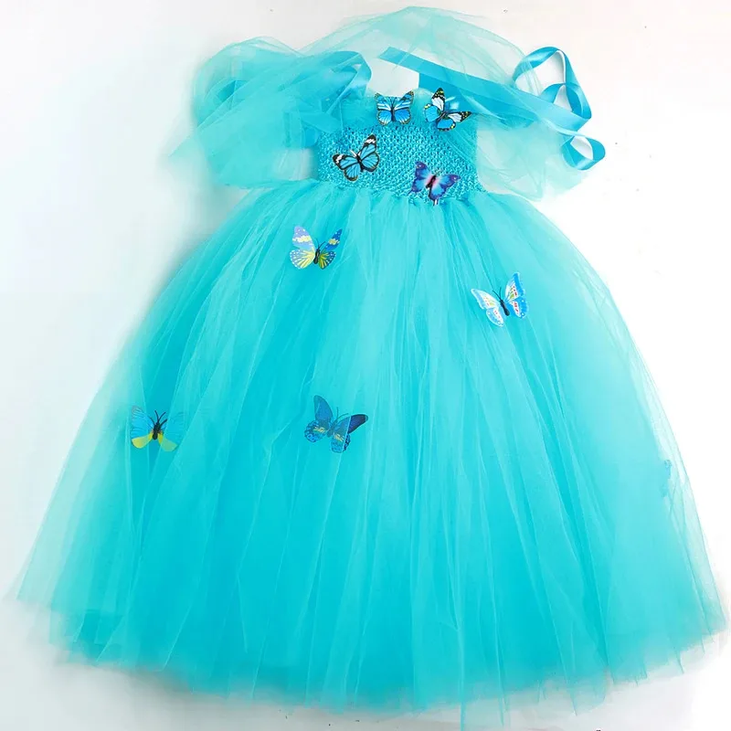 Sky03 Длинные платья принцессы Золушки для девочек, костюм на день рождения и Рождество, детский наряд для вечеринки на Хэллоуин с короной Butterfl55Hu%