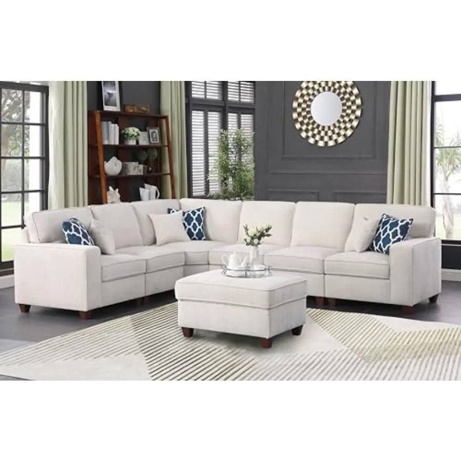 

Convertible Sectional Couch with Movable Ottoman and 6 Throw Pillows, Chenille Upholstered Comfy Sofa 7 Seater, L-Shaped, Free