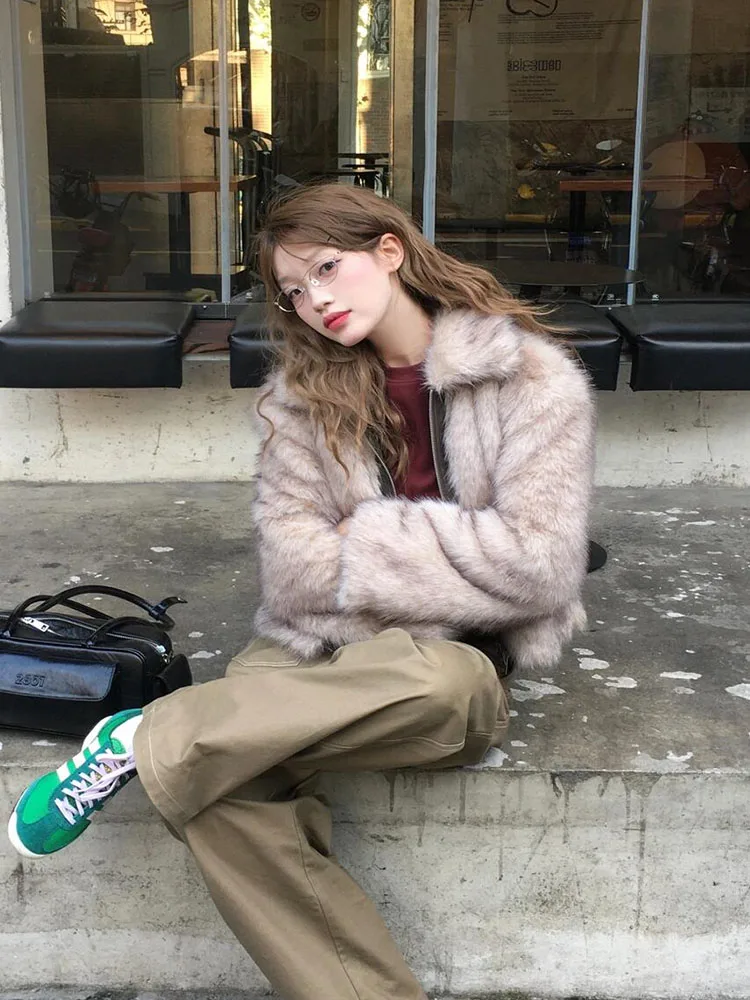معطف نسائي كوري جديد لعام 2025 من الفرو الكوري الجديد غير رسمي فضفاض كسول Sle Plu معطف نسائي للكلية
