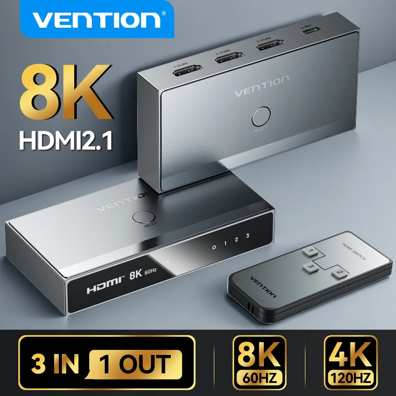 

Vention HDMI 2.1 Splitter Switch 8K 60Hz 4K120Hz 3 in 1 out for TV Xiaomi Xbox PS5 Set Top HDMI-compatible Monitor HDMI Switcher