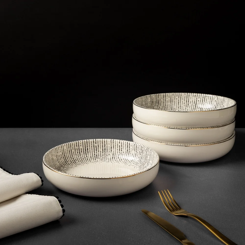 مجموعة أوعية منخفضة من الخزف الحجري مكونة من 4 أوعية أنيقة ومتينة ومتعددة الاستخدامات وآمنة للاستخدام في غسالة الأطباق والسلطات المثالية وأساء المعكرونة