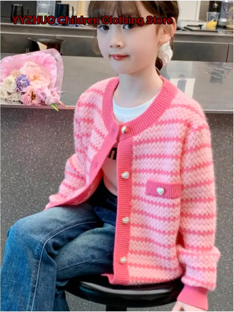 Girls Cardigan Autumn 2026 Pink Striped Spring Autumn Top Knit Outerwear Kids