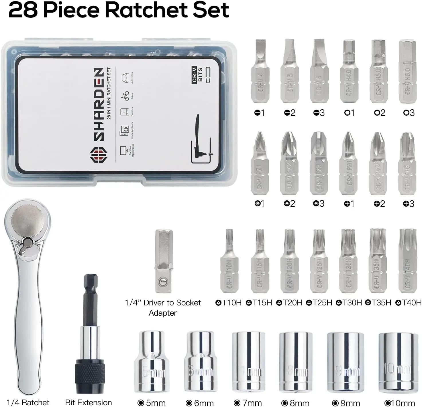 مجموعة سقاطة صغيرة 1/4 بوصة 28 قطعة، مقبس ومقبس متري، مفك براغي 72 سنًا، سقاطة منخفضة المستوى للمساحات الضيقة #4