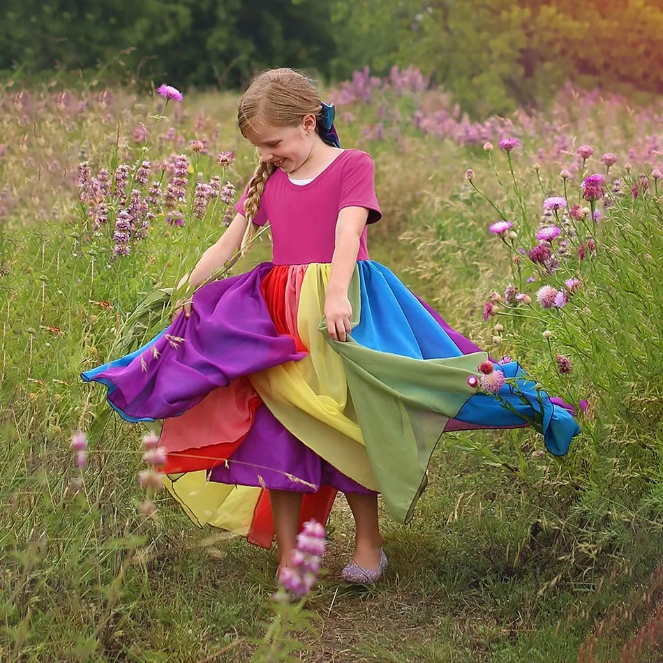 1 2 3 4 5 6 7 8 Years Rainbow Girl Summer Dress Kids Colorful Swing Flared Dresses Children Birthday Party Pink Clothes for Kids