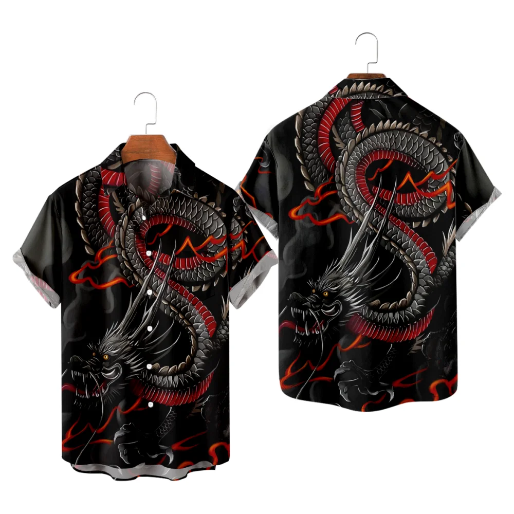 

Casual Shirts for Men Cool Dragon Print Short Sleeve 3D Print Black Tops Summer Streetwear Button Shirts