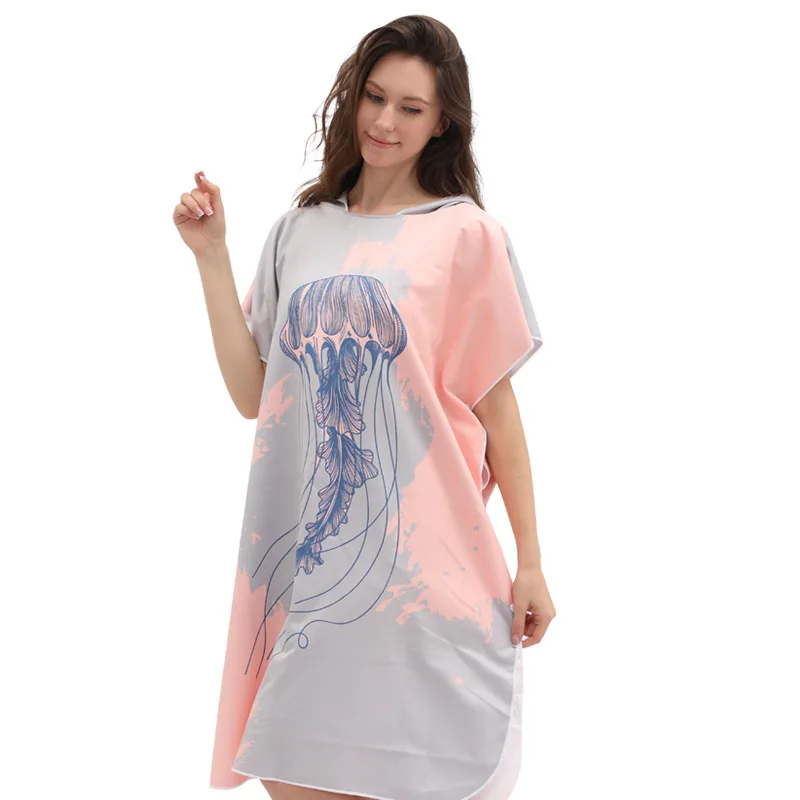 Printed Quick-Dry Swim Beach Towel Robe Surf Poncho Hoodie Double-side Microfiber Beach Cape Changing Bathrobes for Adults Women