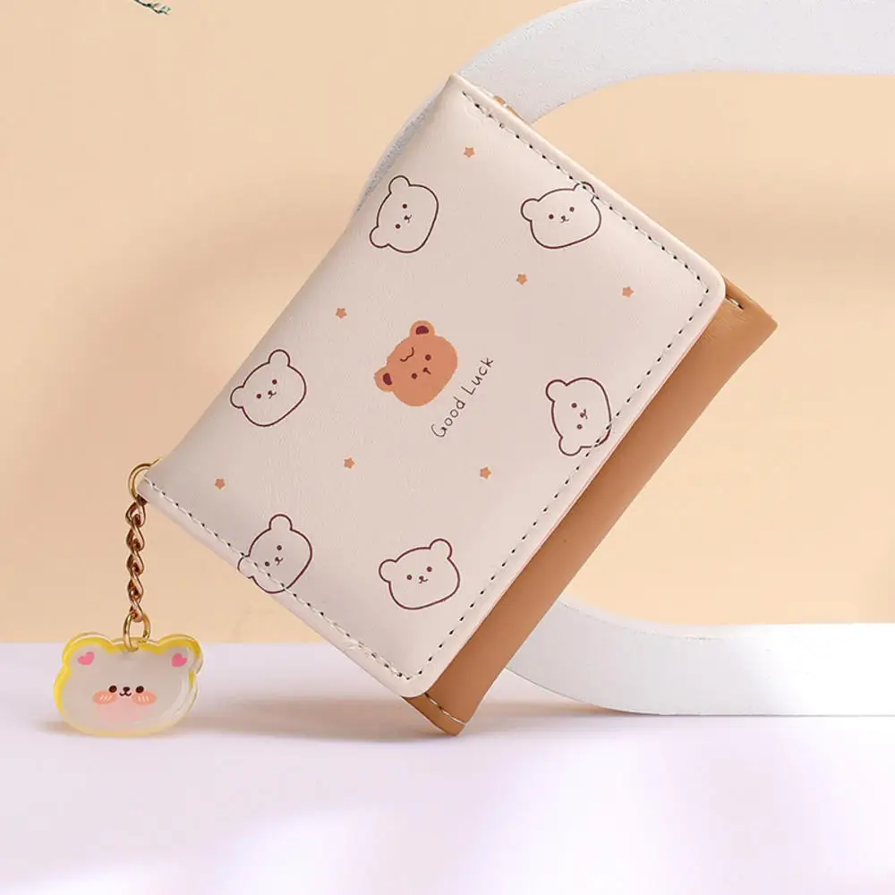 Bonito urso dos desenhos animados padrão PU carteira de couro para mulheres, curto três carteiras dobráveis, estudante pequeno Coin Purse, titular do cartão feminino, senhoras