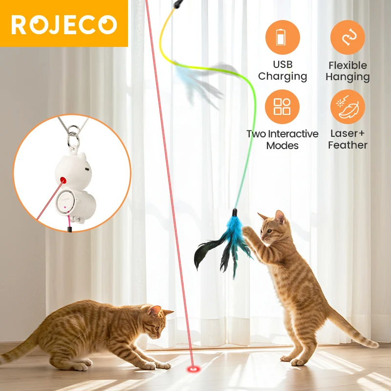 

ROJECO Automatic Cat Toys 2 in 1 Retractable Cat Laser Toy With Hanging Feather Interactive Fun Toy For Cats Dogs Pets Kitten