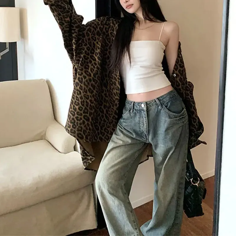 American Retro Leopard Midi Coats 2025 Autumn Winter Long Sleeve Women's Clothing Turn-down Collar Casual Loose Hotsweet Jackets