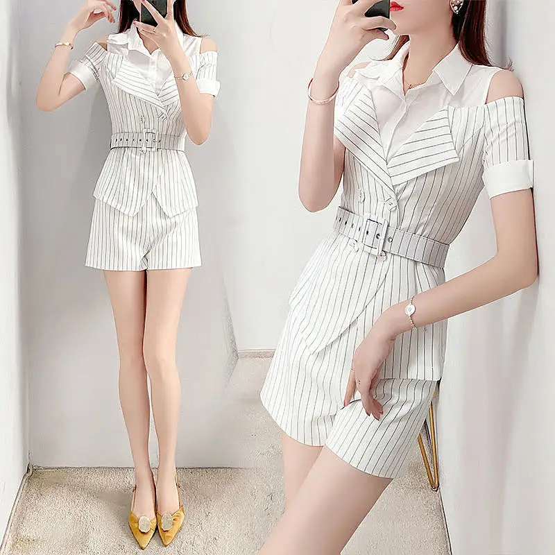 Age Reducing Professional Suit for Women\'s Summer Temperament 2024 New Korean Striped Shirt Top and Shorts Two-piece Set