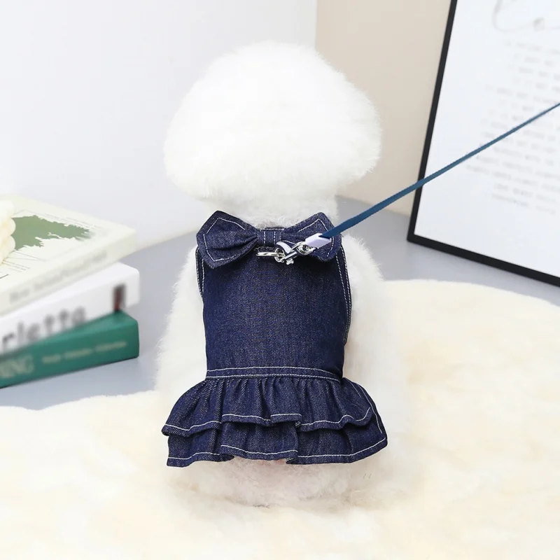 Pet Denim Dress Spring Summer Dog Dress Puppy Girl Clothes Cute Bow-Knot Dog Skirt French Bulldog Jeans for Small Medium Dog Cat