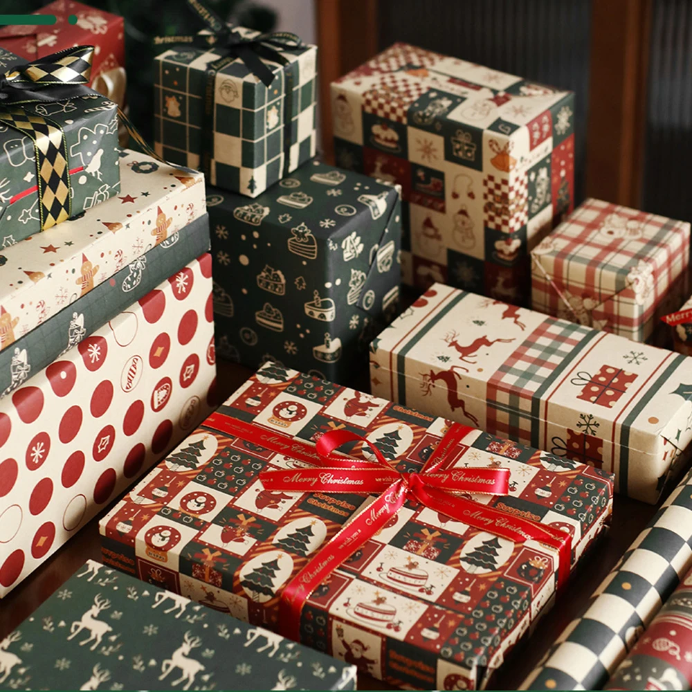 6 Sheets Christmas Gift Wrapping Paper Elk Santa Claus Snowman Pattern Paper Folded Flat 3 Designs DIY Craft Paper For Party