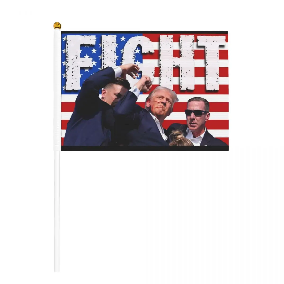 Trump Shot Failed Fight American Flag on Stick 5.5x8.3 inch 10 Pack Support Trump For President Handheld Flags Golden Spear Top