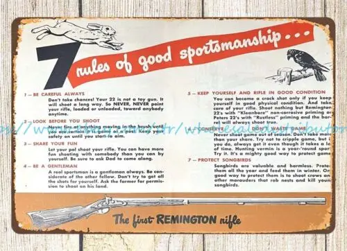 1945 Remington rifle hunting 7 rules of good sportsmanship metal tin sign