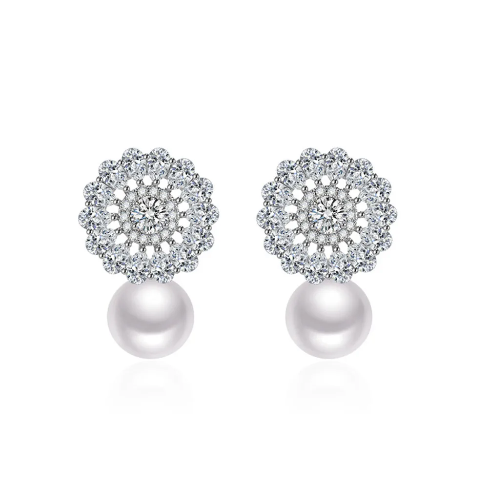 WOSIKATE Korean Sparkling Flower Shape Zirconia Pearl Earrings For Women 925 Sterling Silver Bridal Wedding Jewelry Stud Earring