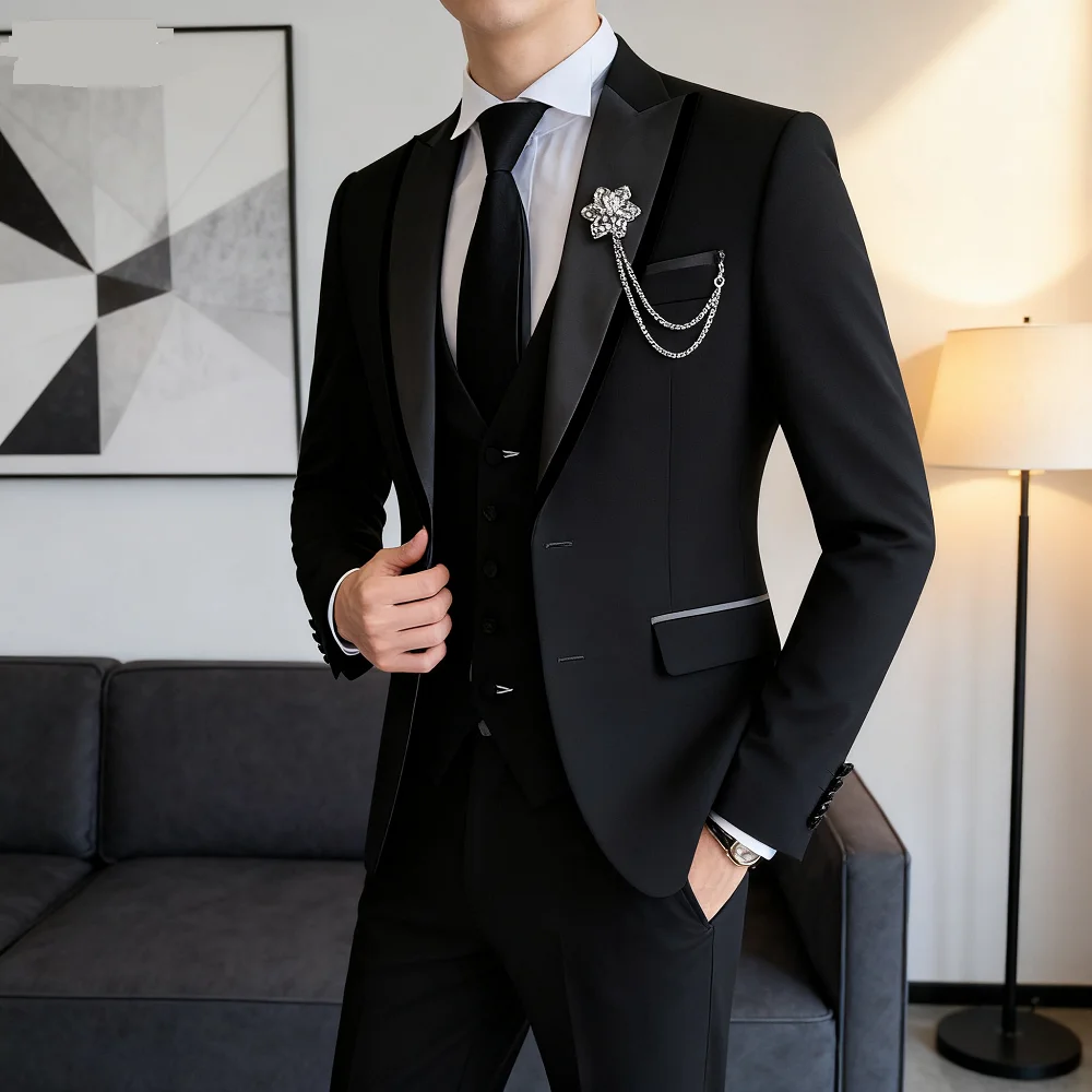 

Men's Solid Slim Fit 3-Piece Business Suit Set with Blazer Vest And Pants for Wedding Party Luxury Fashion Tuxedo