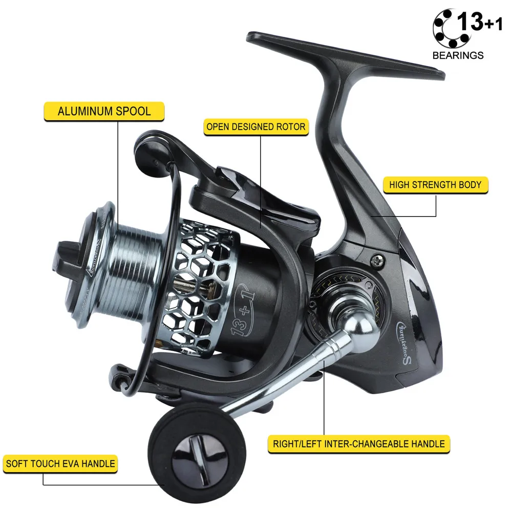 Sougayilang Spinning Fishing Reel 13+1BB Aluminum Alloy Spool Fishing Reel 12KG Max Drag 5.5:1 High Speed Ratio Carp Reel Pesca