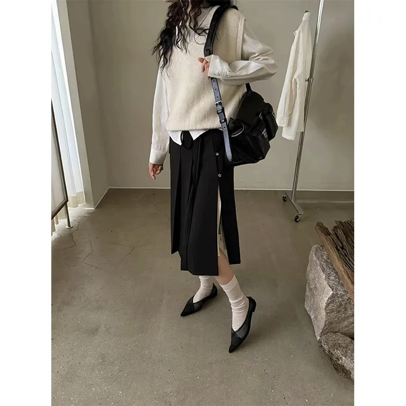 تنورة أنيقة عالية الخصر بحزام غير متماثل للتخسيس، تنورة متوسطة الطول بطيات على شكل حرف Ele بلونين للنساء #2