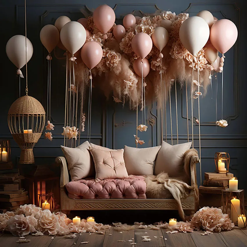 Mehofond Interior Boho Flower Photo Backdrop Princess Newborn Birthday Party Pink Balloon Candle Decor Photography Background